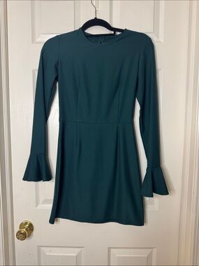 Long-Sleeve Emerald Green Fit-&-Flare Dress with Ruffled Cuffs